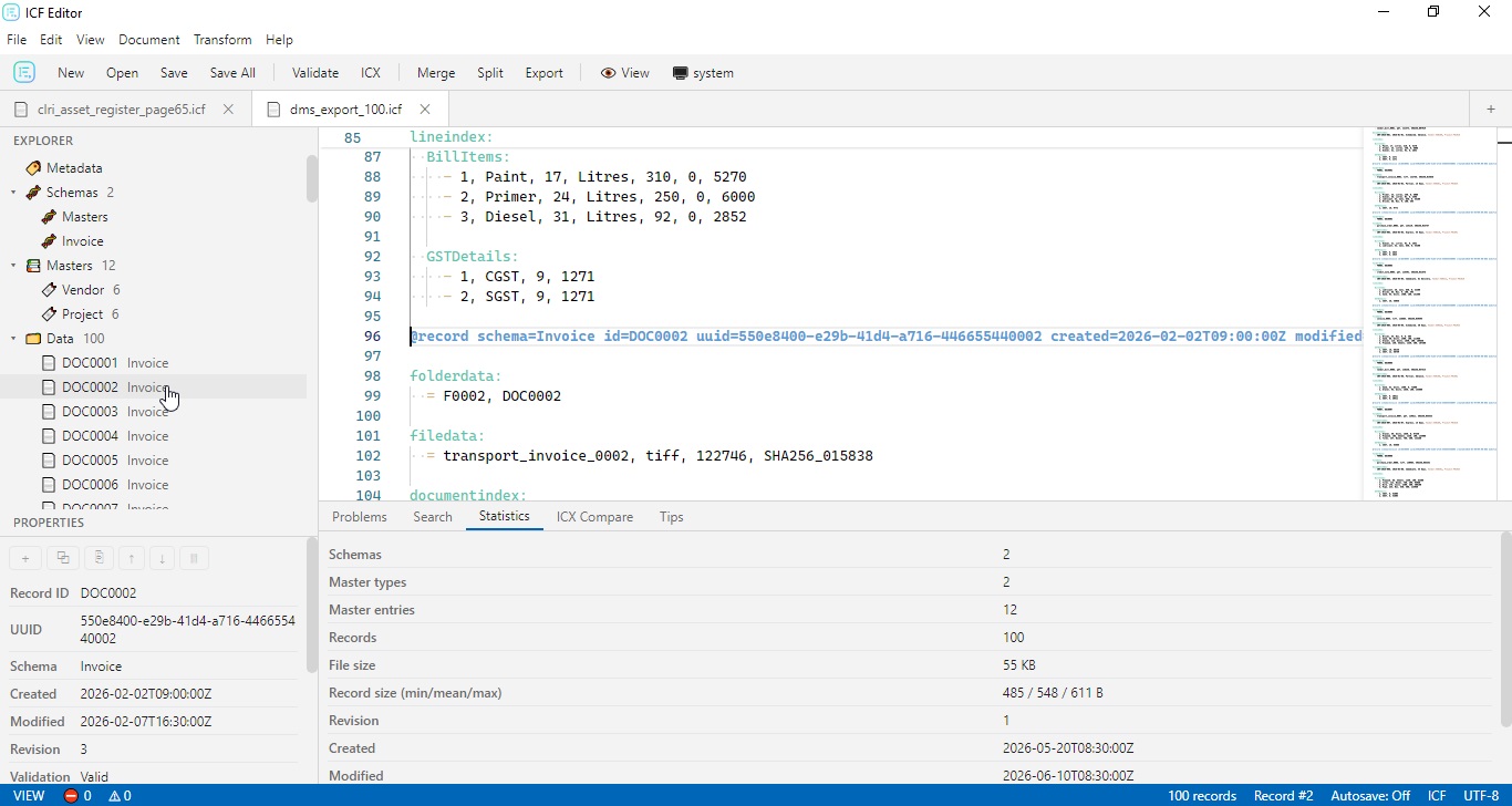 The ICF Editor editing a 100-record ICF document — explorer tree of schemas, masters and records, the Monaco editor with ICF syntax highlighting and a minimap, plus the record properties and statistics panels